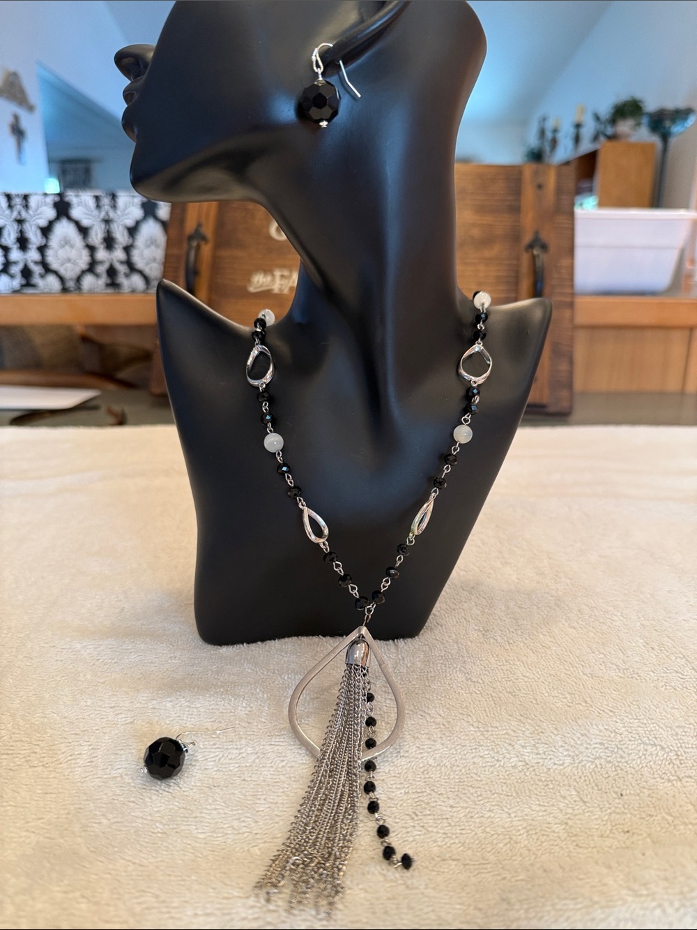 Elegant Black Bead Tassel Necklace with Coordinated Earrings